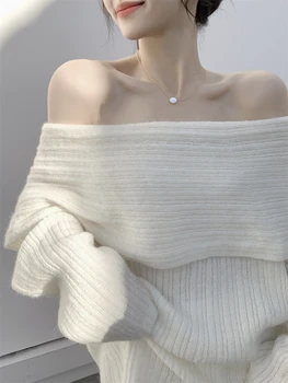  2022 Jesen Dizajn Seksi Bijele Pletene Ženski Džemper Dugih Rukava Jednobojnu Korejski Moda Y2k Odjeća Elegantan Ženski Pulover