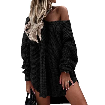  2022 jesensko-zimskom ženski džemper na jedno rame velike veličine sa dugim rukavima, однотонный slobodan pletene pulover