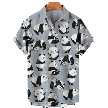  2022 Nove Ljetne Prozračna Muške Košulje Novi Trend Godišnjeg odmora Havajski Košulja Kratkih Rukava i po cijeloj površini Panda na Zakopčane S-5XL