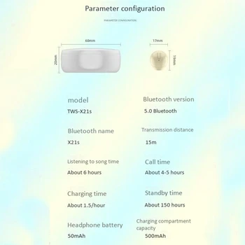  Bežične Slušalice Mini X21S Bluetooth 5.0 s Torbicom za Bežično Punjenje Nevidljiva Mini Bluetooth Slušalice Ton Kože