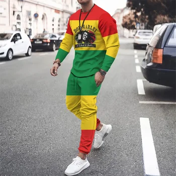  Bob Marley, Komplet Sportske Odjeće dugih rukava, Jesenske Igre, Funky Muška Majica s Dugim rukavima + Hlače, Casual Odijelo za Fitness i Trčanje od 2 predmeta