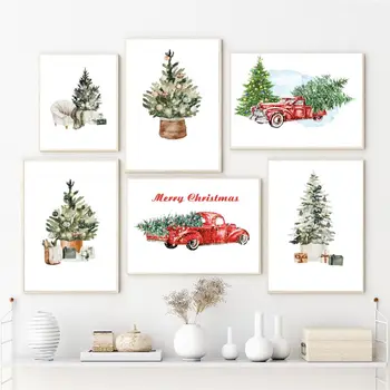  Božićno Drvce Plakat Božićni Dekor Zid Umjetnost Platnu Crveni Auto Plakata I Grafika Sretan Božić Slika Kućni Dekor