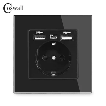  COSWALL EU-Rusija Španjolska Standardne Zidne Utičnice Napajanja s Priključka USB Type A i Type-C kabel za Punjenje Port Ploča Od Kaljenog Stakla Crna Serija C1