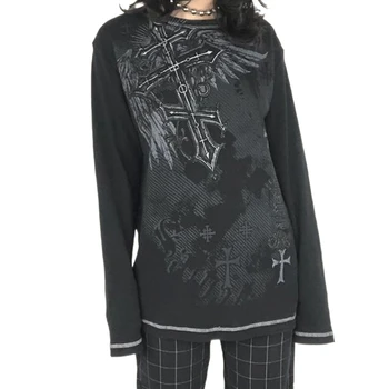  Gotički Besplatne Majice, Majica sa Dugim Rukavima u Patchwork stilu s po cijeloj površini u gotičkom stilu, t-Shirt Y2K Dark Academia, Retro Majice, E-girl, Гранжевая Odijevanje
