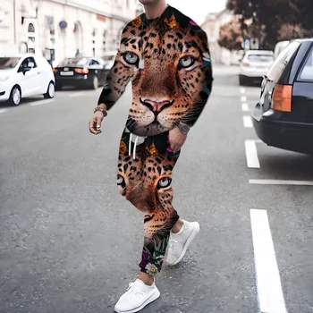  Jesen je Novi Muški Komplet Majica Dugi Rukav Džungla Leopard Životinja 3D Grafički Print Ulične Mode Fitness Sportska Odjeća