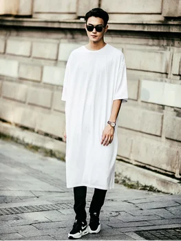  Ljetna korejski muška duga majica s kratkim rukavima iznad koljena, bijela majica, veliki novac, duga majica kratkih rukava, slobodna