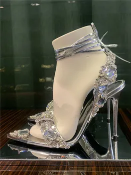  Ljetne sandale na visoku petu s oštrim vrhom i tankim remenom s kristalima i dijamantima, modni подиумные trendy ženske cipele sa štrasom čipka-up