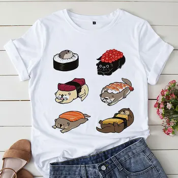  Majica sa Grafičkim po cijeloj površini Sushi s panda, Ženska t-Shirt u stilu Харадзюку, Estetske Bijele Majice, Casual Majica 2021, Nova Ljetna Modna Ženska t-Shirt Y2k