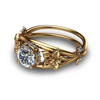  Novi Zlatna Boja Crystal Kamen Prsten Šarm Vjenčano Prstenje Elegantno Bride Cvijet Cirkon Zaručnički Prsten Za Žene