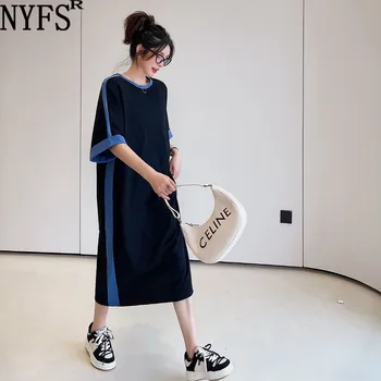  NYFS 2022 Ljetno Novi Korejski Slobodno Ženske haljine Vestidos Robe Elbise Modni Pamučno Duga Haljina Velike Veličine Kratkih Rukava