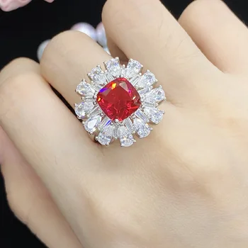  Raskošan Cvijet Rubin Dijamant Prst Prsten od srebra 925 Stranka Zaručnički Prsten Prsten za Žene Obećanje Vjenčani Nakit