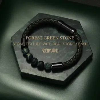  REAMOR Šumski Zeleni Kamen Tekstura Narukvice Gospodo Klasicni Prirodni Pruća Koža Nehrđajućeg čelika Ugrađena Spone Narukvice