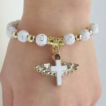  SOMESOOR Krila Anđela Narukvica S Križem Akrilne Perle Crkveno Događaj Kršćanske Vjenčanje Ovjes Viseći Ukras Za Žene Darove Za Djevojčice