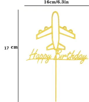 Topper za tortu sa avionom - Zlatni Sjajna Karton Sretan Rođendan, Tematski Rođendansku tortu za dekoraciju aviona - Novi dijete za fotografiju