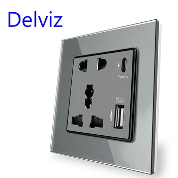  USB utičnica Delviz Power 2100MA, ploča iz kristalne čaše, Višefunkcijski priključak 13A, Intelektualno brzo punjenje 18 W 4A, Zidni sučelje utičnica Type C.