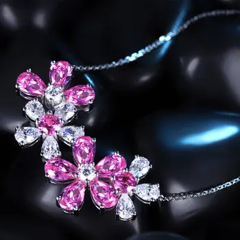  Zhanhao S925 Srebra Kruška Pink Корунд Cvijet Dizajn Privjesak Ogrlice za Žene Božićni Dar Večernje envio besplatno